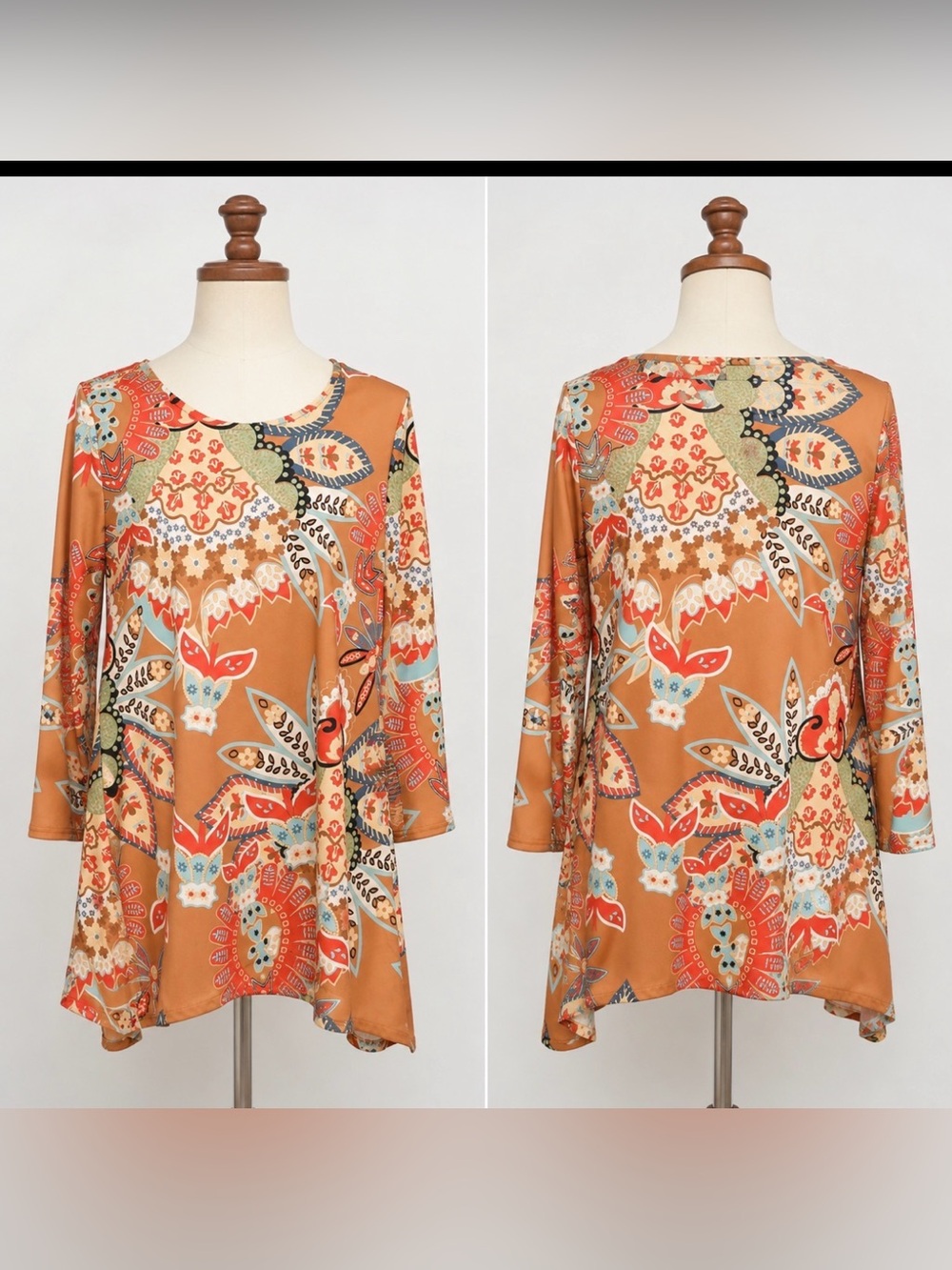Top, Tunic Style, Apricot/Red/Blue/Green Print, Medium.